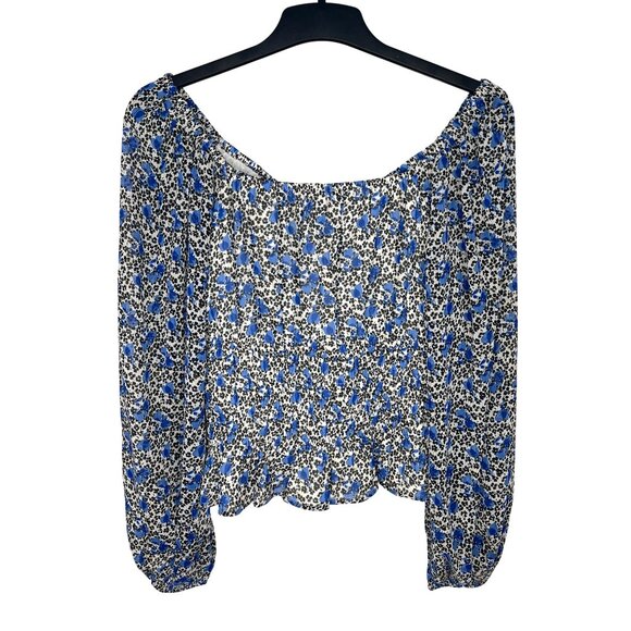 Express Blue Floral Long-Sleeve Cropped Blouse With Ruched Bust Size Large - Picture 6 of 15